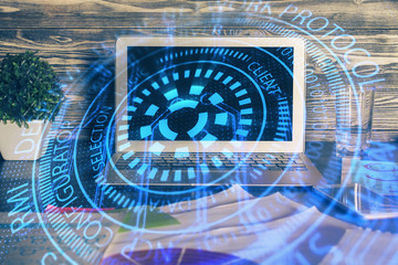 Technology theme drawing and table with computer. Multi exposure. Concept of information.