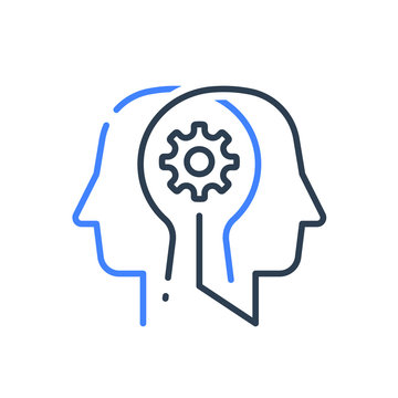 Human Head Profile And Cogwheel Line Icon, Cognitive Psychology Or Psychiatry Concept, Brain Training