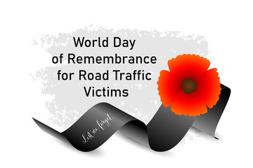 World Day of Remembrance for Road Traffic Victims poster with red poppy flower and black ribbon with text Lest we forget on textured background for memorial day, 3rd sunday of November, vector art