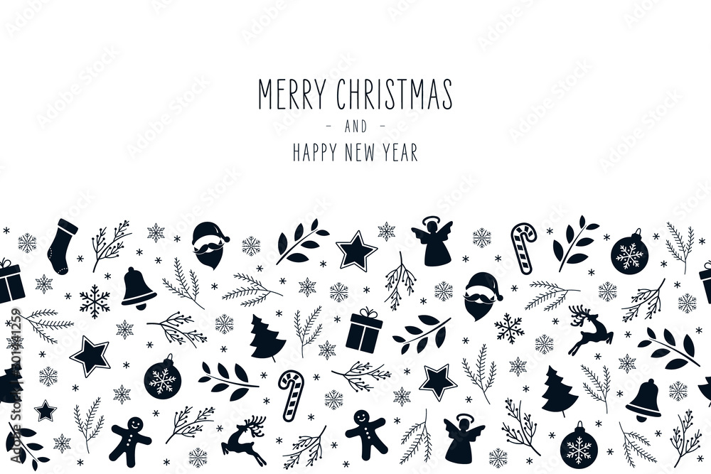 Wall mural christmas icon elements border card with greeting text seamless pattern isolated background.