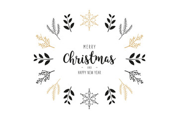 Merry Christmas modern elegant card with greetings golden and black fir pine branches circle on white background