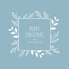 Merry Christmas modern elegant card with frame banner greetings white fir pine branches on blue ice background
