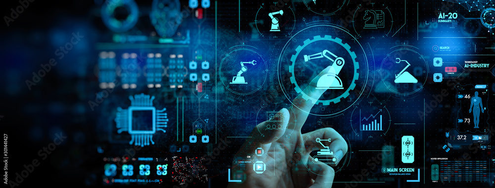 Poster Engineer hand check and control welding robotics automatic arms icon with machine in intelligent factory automotive industrial with UI monitoring system software.