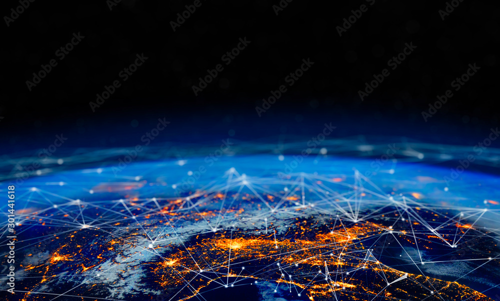 Poster Communication technology for internet business. Global world network and telecommunication on earth cryptocurrency and blockchain and IoT. Elements of this image furnished by NASA