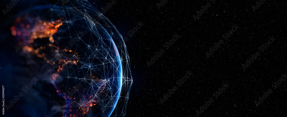 Aufkleber Communication technology for internet business. Global world network and telecommunication on earth cryptocurrency and blockchain and IoT. Elements of this image furnished by NASA