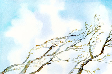 Watercolor landscape. Old bare tree