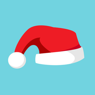 Red warm Santa Claus hat with white round pompom isolated on a blue background. Vector flat cartoon illustration.
