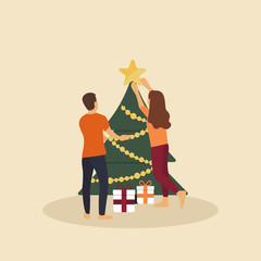A man and a woman decorate the Christmas tree. People are preparing for the celebration of the new year. Vector illustration in a flat style.