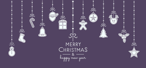 Design of Christmas banner with wishes and hand drawn ornaments. Vector.