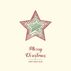 Concept of Christmas card with hand drawn star. Vector.