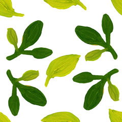 Hand drawn green leaves. White background. Autumn, spring and summer. Watercolor and gouache. Botanical sketch. Seamless pattern. For postcards, wallpaper, scrapbooking, wrapping paper and textile