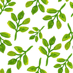 Hand drawn green leaves. White background. Autumn, spring and summer. Watercolor and gouache. Botanical sketch. Seamless pattern. For postcards, wallpaper, scrapbooking, wrapping paper and textile