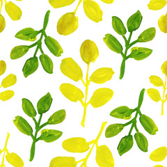 summer yellow  green leaves branch gouache drawing seamless pattern