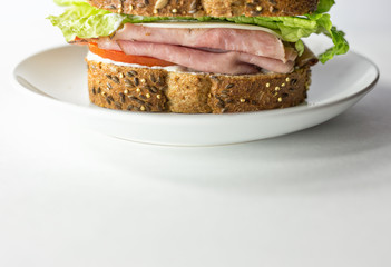 Ham and cheese sandwich with lettuce and tomato on a small white plate. Copy space at bottom.  