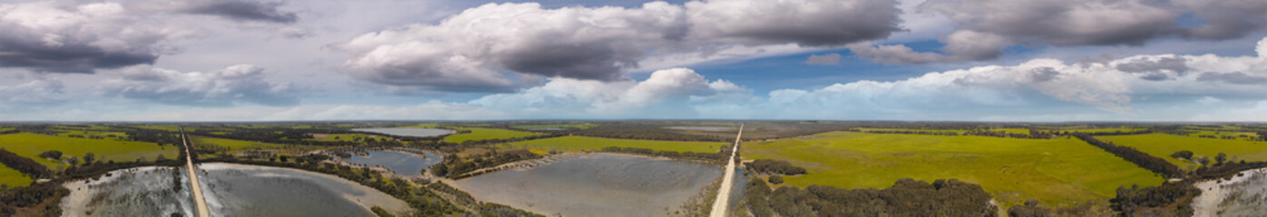 Aerial panorama of lagoon swamp on a sunny day. Kangaroo Island, South Australia