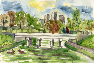 Hand drawn watercolor illustration. Autumn urban sketch. Cityscape with houses and buildings. City and park garden. Green trees around pond. Gray cloudy sky. For postcards and  posters. Nature