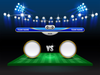 Football cup or World championship sport event, Soccer mock-up and scoreboard match vs strategy broadcast graphic template, For presentation score or game results.