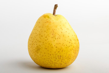 One fresh organic ripe yellow pear on table, isolated on white background, side view with soft focus of tasty healthy food