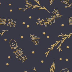 Golden flowers seamless pattern on trendy Dark coal background with traditional Czech folk art ornaments for Christmas invitation, postcard xmas, spring banner, fabric print and web design.