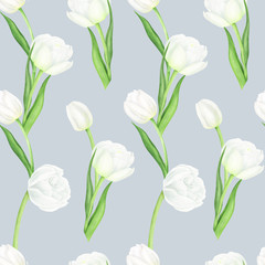 Seamless pattern with white spring flowers: tulips, watercolor painting. For design textile