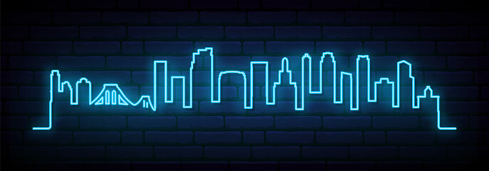 Blue neon skyline of Brooklyn, New York City. Bright Brooklyn, NYC long banner. Vector illustration. © greens87