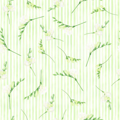 Fototapeta na wymiar Watercolor seamless pattern with white freesias. For design textile and cards