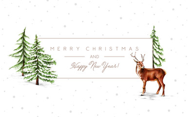 Christmas Card with deer on Winter Forest background