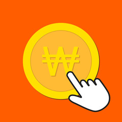Korean won currency icon. Exchange, buying currency concept. Hand Mouse Cursor Clicks the Button.