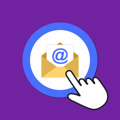 Open envelope icon. Sending email concept. Hand Mouse Cursor Clicks the Button.