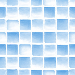 Seamless blue watercolor pattern on white background. Watercolor seamless pattern with squares.