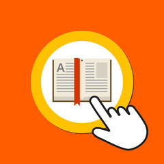 Fototapeta na wymiar Open book icon. Reading, library concept. Hand Mouse Cursor Clicks the Button.