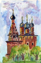 Hand drawn watercolor urban sketch. Historical building. Religious architecture. Russian Orthodox church or cathedral. Culture and religion. Green trees. Blue and violet sun set sky. Park or garden