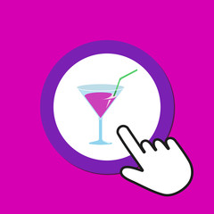 Wineglass icon. Drinks, rest concept. Hand Mouse Cursor Clicks the Button.