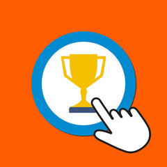 Trophy cup icon. Award, prize concept. Hand Mouse Cursor Clicks the Button.
