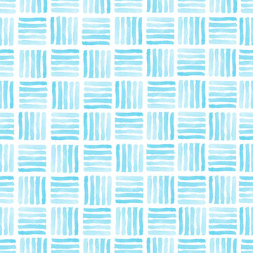 Seamless light blue watercolor pattern on white background. Watercolor seamless pattern with squares.