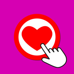 Red heart icon. Love concept. Hand Mouse Cursor Clicks the Button.