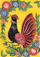rooster pattern painted folk Russian bright colors yellow red black paint