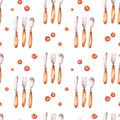 Watercolor pattern cutlery knife with wooden handle. Hand drawn isolated on a white background.