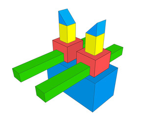 3d shapes blocks. red, blue, green and yellow color. perspective view illustration