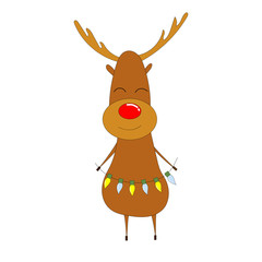 Funny cartoon cute reindeer holds a garland.