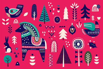 Christmas decorative illustration with little horse on red background. Scandinavian folk style.