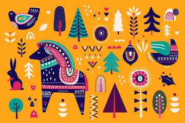 Christmas decorative illustration with little horse. Scandinavian folk style.