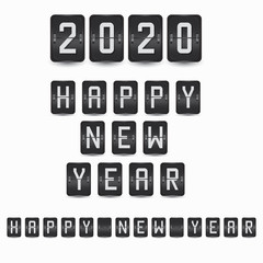 2020 Happy New Year design, with seasonal holidays flyers, greetings, invitations, and cards. Metallic airport flip board template. Realistic vector board with mechanial sign messages.
