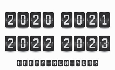 2020, 2021, 2022 and 2023 Happy New Year design, with seasonal holidays flyers, greetings, invitations, and cards. Metallic airport flip board template. Realistic vector board with mechanial sign mess