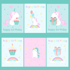Collection of unicorn birthday cards with lettering