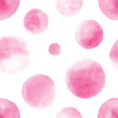 Seamless pink watercolor pattern on white background. Watercolor seamless pattern with dots and circles.