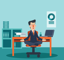 Businessman meditates in lotus position. Business people practicing yoga in office
