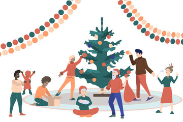 Different people characters decorated big Christmas tree. vector concept illustration flat design.
