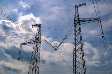 Metal supports of power lines in Carpathian Mountains, Lviv region, Ukraine.