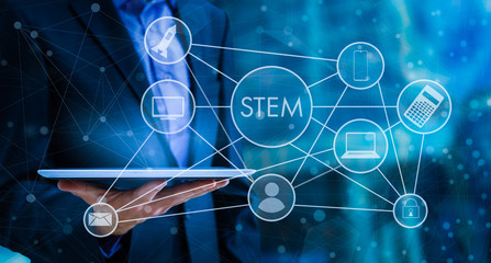 Business STEM concept. Science Technology Engineering Math education web icon. Man offer stem word sign on virtual screen. Sci-Tech.